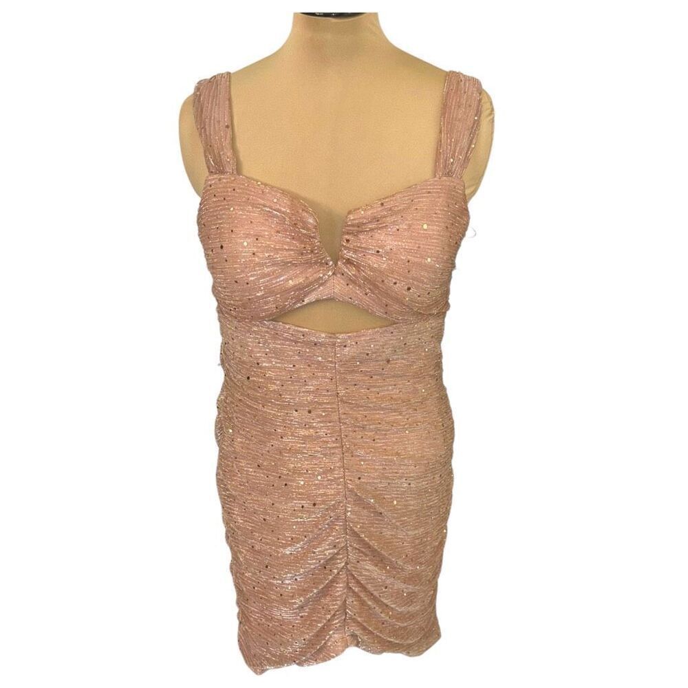 MORGAN & CO Ruched Cutout Sequin Minidress In Rose Gold Size XL NEW - Picture 2 of 15